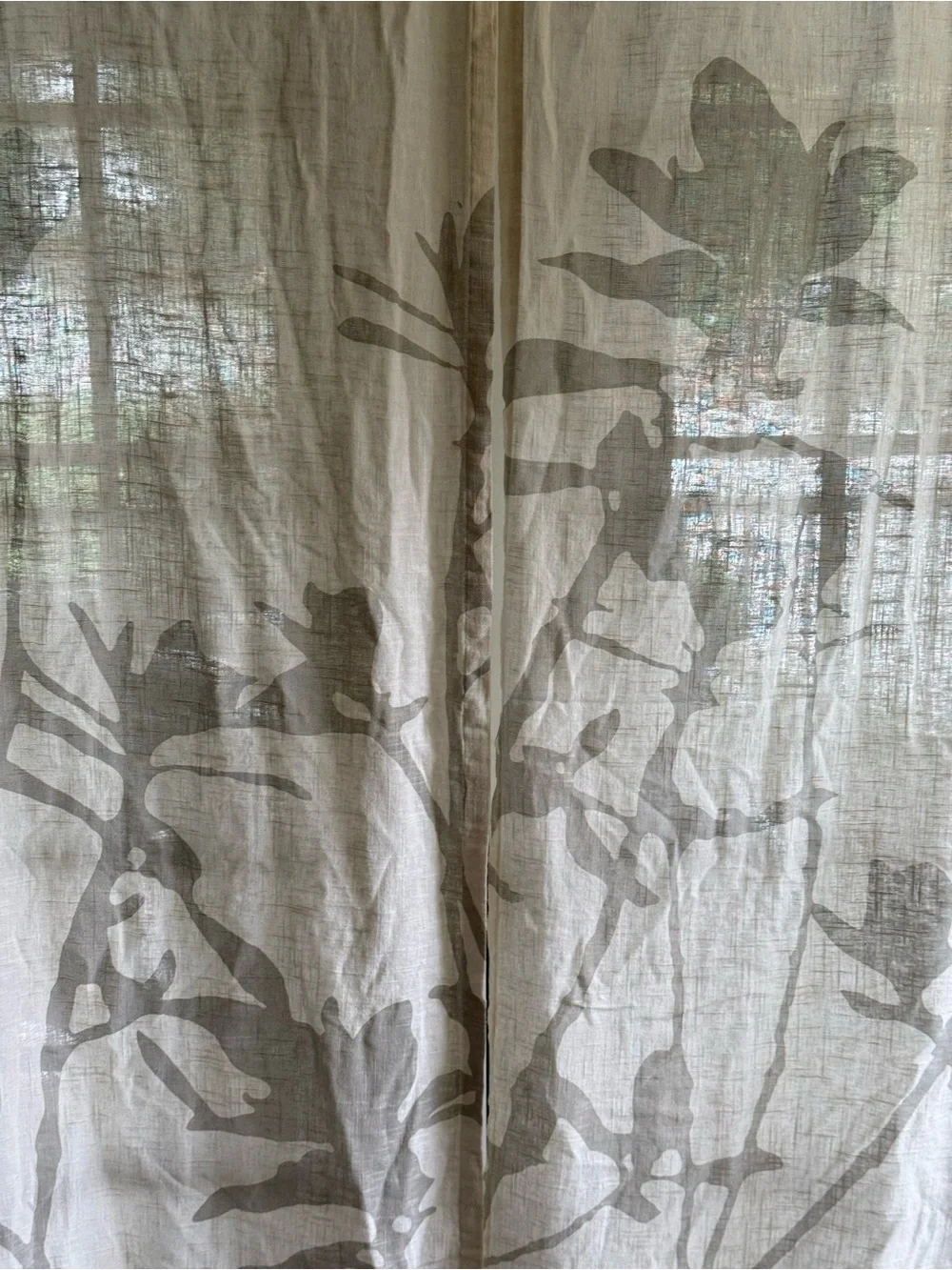 West Elm Cream Curtains Taupe Botanical Motif linen cotton 48x96/2 panels *flaw*